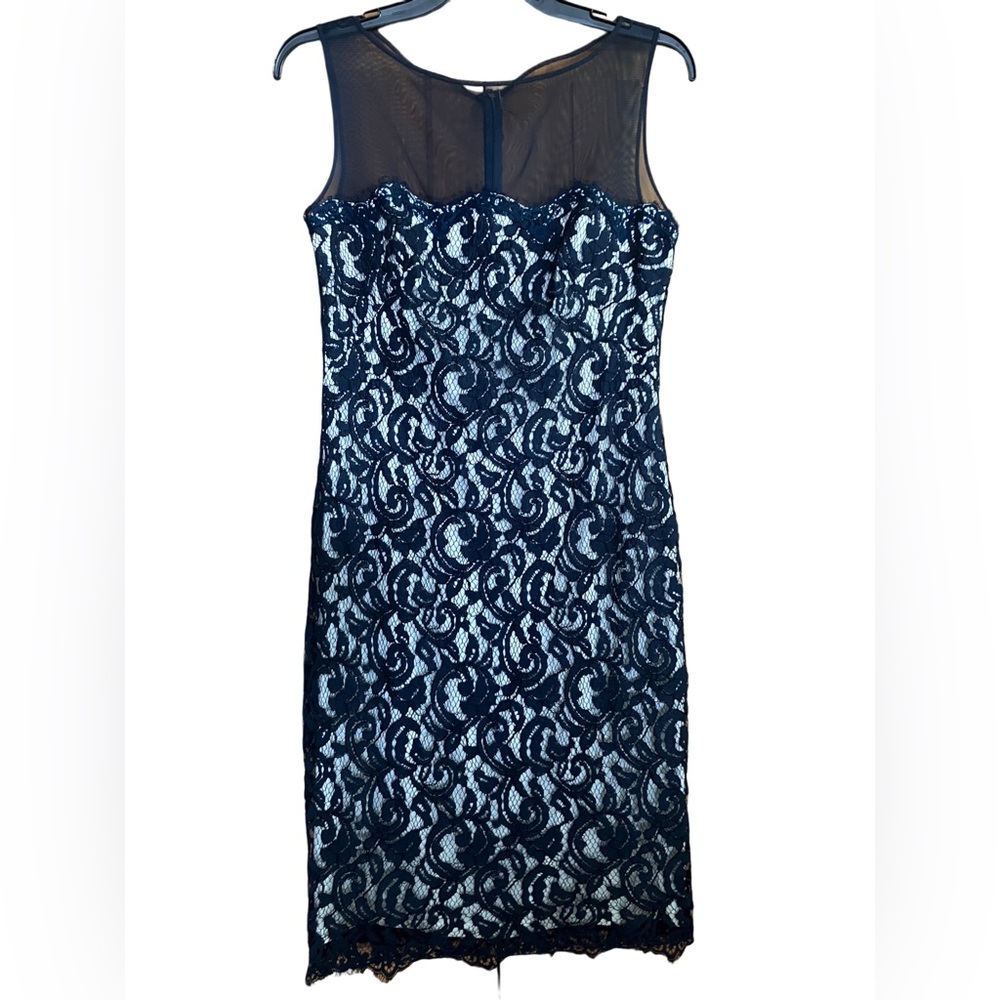 Vintage Tadashi Shoji Formal Mesh Illusion Neckline Sleeveless Blue Lace Dress 4 - Picture 2 of 15